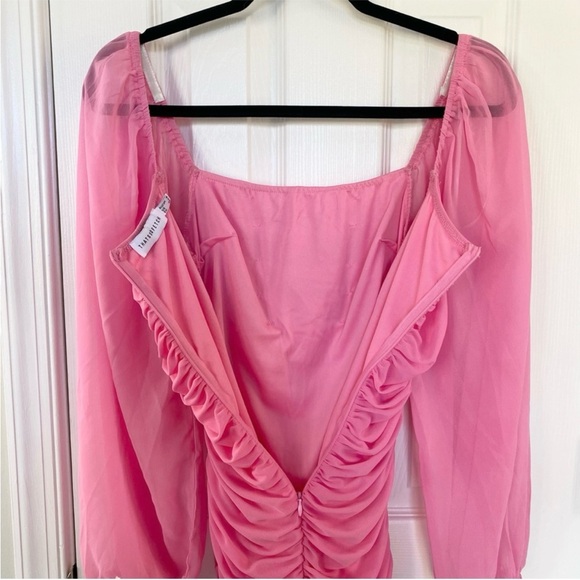 THATSSOFETCH Lorde Dress Ruched Bodycon Mini Pink Sheer Long Sleeve Size 4 - Picture 7 of 11